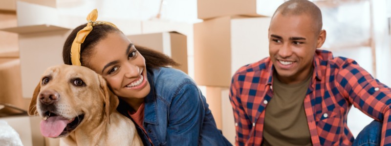 young couple with a dog preparing for a house relocation