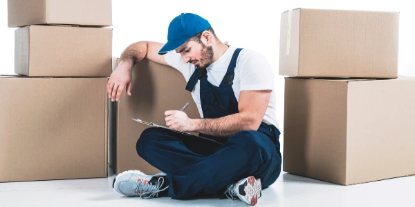 A professional removalist sitting on the floor writing something on a paper.