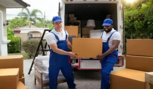 Workers unloading boxes from van outdoors moving service and customer need for move to new house